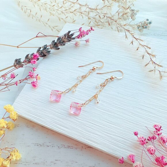 New Dainty Princess Cut Crystal Long Chain Earrings | Handmade in BC - Picture 4 of 4